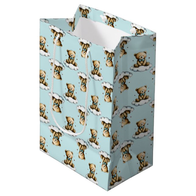 Bolsa De Regalo Mediana Osito de peluche lindo con corbata de lazo azul en (Angulo Anverso)