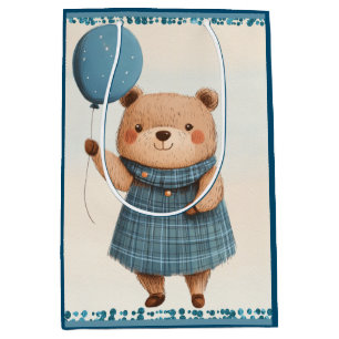 Bolsa De Regalo Mediana Oso chica con vestido azul y globo