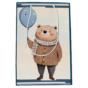 Bolsa De Regalo Mediana Oso con globo azul en una escarcha sudadera marrón