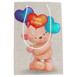 Bolsa De Regalo Mediana Oso con globos de corazón de cumpleaños