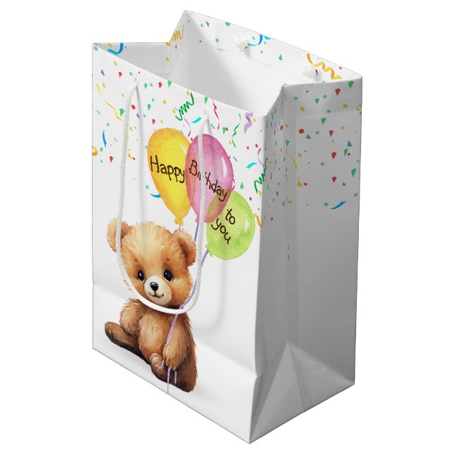 Bolsa De Regalo Mediana Oso De Cumpleaños Con Globos Fiestas (Angulo Anverso)
