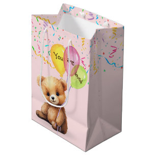 Bolsa De Regalo Mediana Oso de cumpleaños con globos y confeti