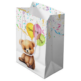 Bolsa De Regalo Mediana Oso de cumpleaños con globos y confetti