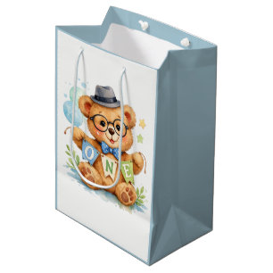 Bolsa De Regalo Mediana Oso de felpa en acuarela con pancarta de cumpleaño