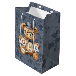 Bolsa De Regalo Mediana Oso de felpa en acuarela con pancarta de cumpleaño