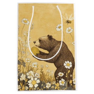 Bolsa De Regalo Mediana Oso de Miel en Prado de Flores Silvestres