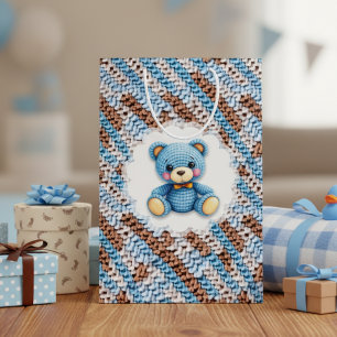 Bolsa De Regalo Mediana Oso de peluche azul y marrón de ganchillo lindo