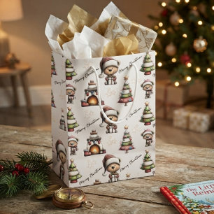 Bolsa De Regalo Mediana Oso de peluche caprichoso Navidad Fondo Blanco