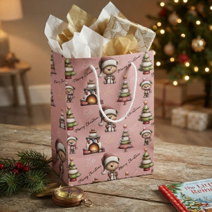 Bolsa De Regalo Mediana Oso de peluche caprichoso Navidad Fondo Rosa