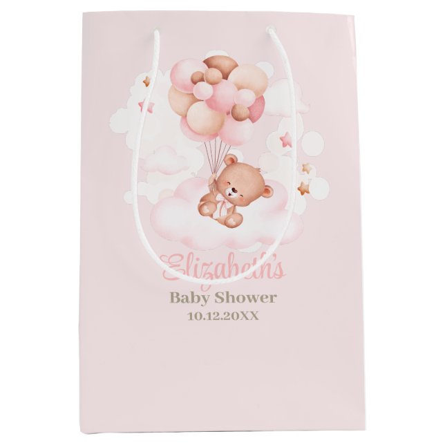Bolsa De Regalo Mediana Oso de peluche con globos rosados Baby Shower (Anverso)