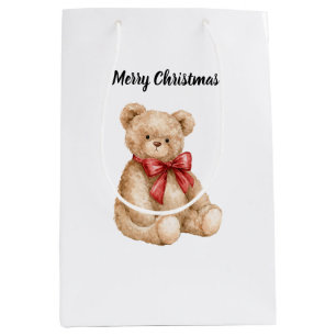 Bolsa De Regalo Mediana Oso de peluche con lazo rojo de Navidad