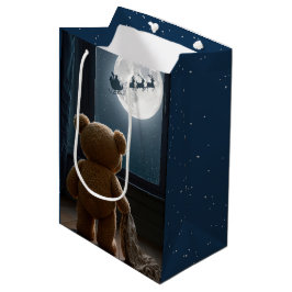 Bolsa De Regalo Mediana Oso de peluche de Navidad mirando a Santa