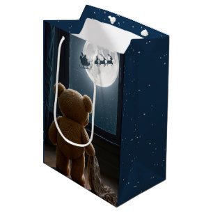 Bolsa De Regalo Mediana Oso de peluche de Navidad mirando a Santa