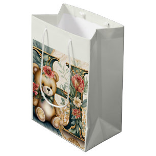 Bolsa De Regalo Mediana Oso de peluche floral letra H