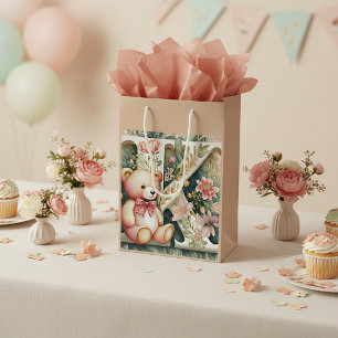Bolsa De Regalo Mediana Oso de peluche floral letra K
