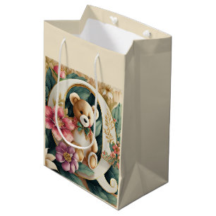 Bolsa De Regalo Mediana Oso de peluche floral letra Q