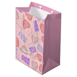 Bolsa De Regalo Mediana Oso de peluche rosa dulce púrpura y corazón estamp