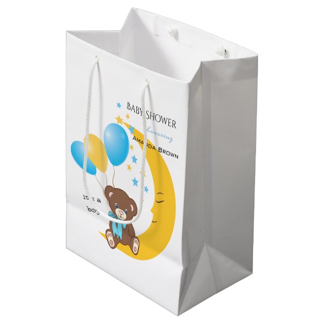 Bolsa De Regalo Mediana Oso de peluche sentado en la luna | Bebé Boy Showe (Angulo Anverso)