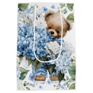 Bolsa De Regalo Mediana Oso de peluche sostiene flores de hortensias