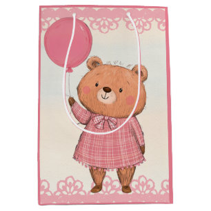 Bolsa De Regalo Mediana Oso de vestido rosado fresco con globo rosa