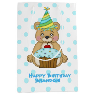 Bolsa De Regalo Mediana Oso del muchacho del cumpleaños personalizado