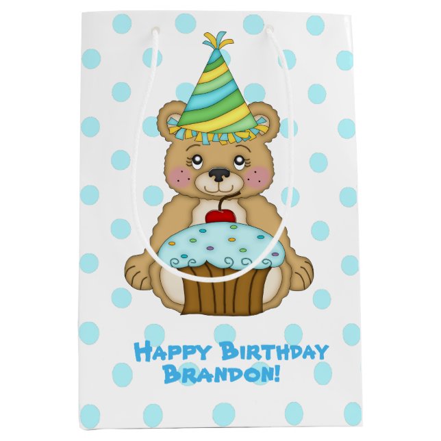 Bolsa De Regalo Mediana Oso del muchacho del cumpleaños personalizado (Anverso)