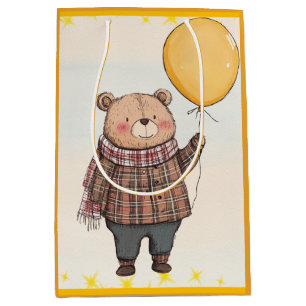 Bolsa De Regalo Mediana Oso en suéter de seda marrón con globo amarillo