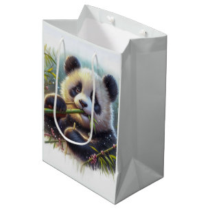 Bolsa De Regalo Mediana Oso panda adorable comiendo bambú