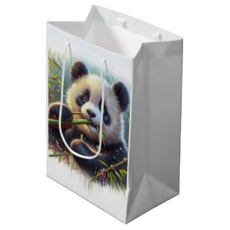 Bolsa De Regalo Mediana Oso panda adorable comiendo bambú