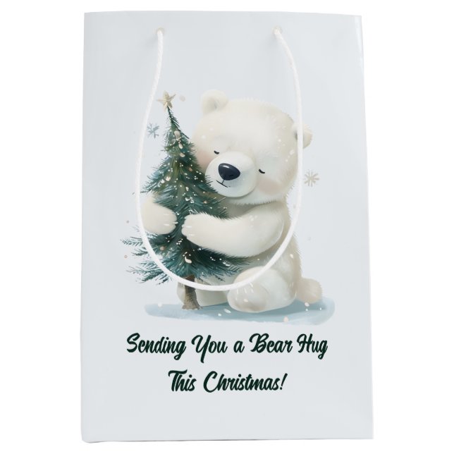Bolsa De Regalo Mediana Oso Polar Adorable Abrazando árbol de Navidad, lin (Anverso)