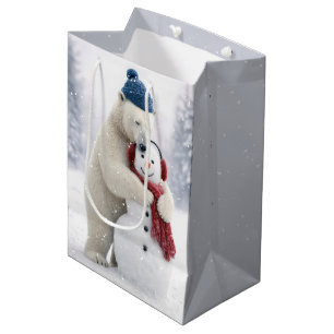 Bolsa De Regalo Mediana Oso Polar de Navidad Abrazando a un Muñeco de Niev