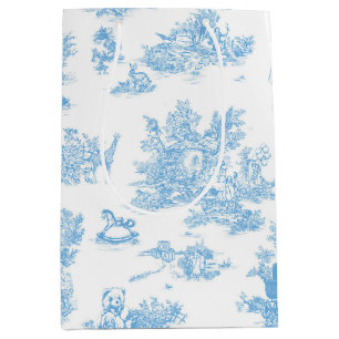 Bolsa De Regalo Mediana Oso Toile de Jouy Azul Francés Blanco Baby Shower