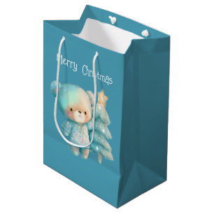 Bolsa De Regalo Mediana Oso y árbol de Navidad Verde azulados festividades