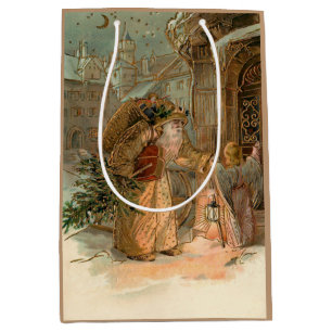 Bolsa De Regalo Mediana Padre Vintage de oro Navidad y Ángel