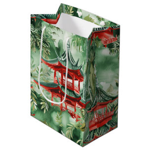 Bolsa De Regalo Mediana Pagoda asiática acuarela en paisaje verde (14)