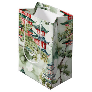 Bolsa De Regalo Mediana Pagoda asiática acuarela en paisaje verde (4)