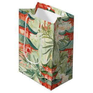 Bolsa De Regalo Mediana Pagoda asiática acuarela en paisaje verde (8)
