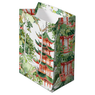 Bolsa De Regalo Mediana Pagoda asiática acuarela en paisaje verde (9)