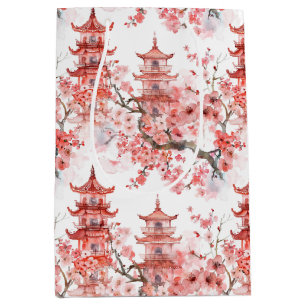 Bolsa De Regalo Mediana Pagoda china acuarela con flores de cerezo (3)