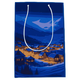 Bolsa De Regalo Mediana Paisaje de oro azul de la montaña Retro Village