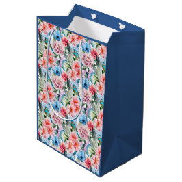 Bolsa De Regalo Mediana Pájaros de patrón floral Flores de oliva Azul verd