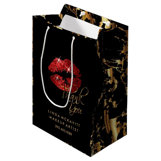 Bolsa De Regalo Mediana Palo de labios rojo y mármol de oro - Gracias (Angulo Anverso)