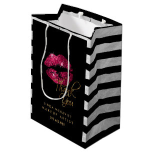 Bolsa De Regalo Mediana Palo de labios rosado caliente y franjas blancas -