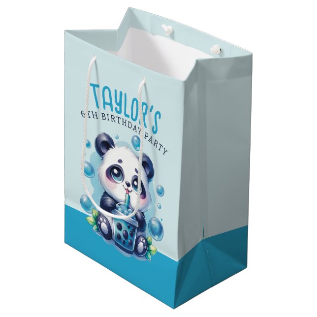Bolsa De Regalo Mediana Panda Bebiendo Boba Azul Bubble Tea Fiesta de cump (Angulo Anverso)