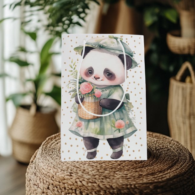 Bolsa De Regalo Mediana Panda verde Floral Lámina de Bebé (Green Floral Panda Gift Bag)