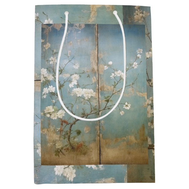 Bolsa De Regalo Mediana Paneles azules anticuados Chinoiserie y cerezos (Anverso)