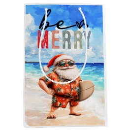 Bolsa De Regalo Mediana Papá Noel surfista con su tabla de surf en la play