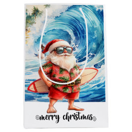 Bolsa De Regalo Mediana Papá Noel surfista con su tabla de surf en la play