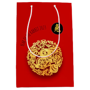 Bolsa De Regalo Mediana Papel de conejo de oro rojo para año nuevo chino 2