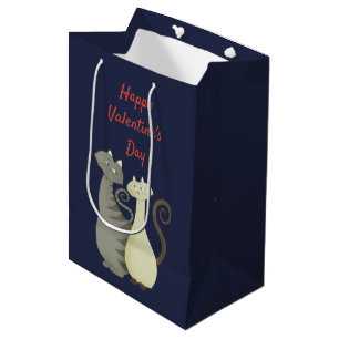 Bolsa De Regalo Mediana Pareja de Amor de Gatos Azul Marino y Rojo Feliz D